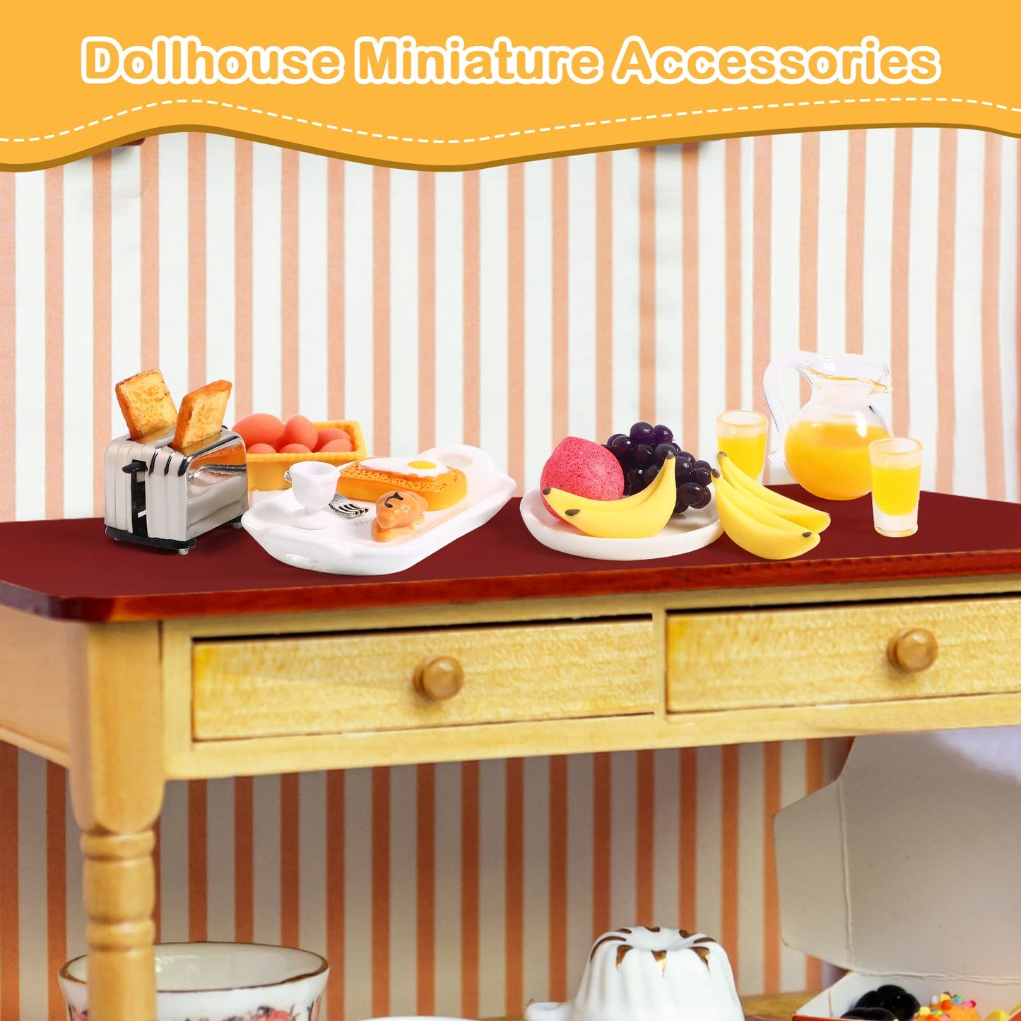 44 Pieces 1: 12 Dollhouse Miniature Breakfast Kitchen Accessories Mini Toast Machine Bread Juice Milk Eggs Cups Fruits Plates Knife Fork Spoons for Dollhouse Kitchen Scene and Cake Topper Decor