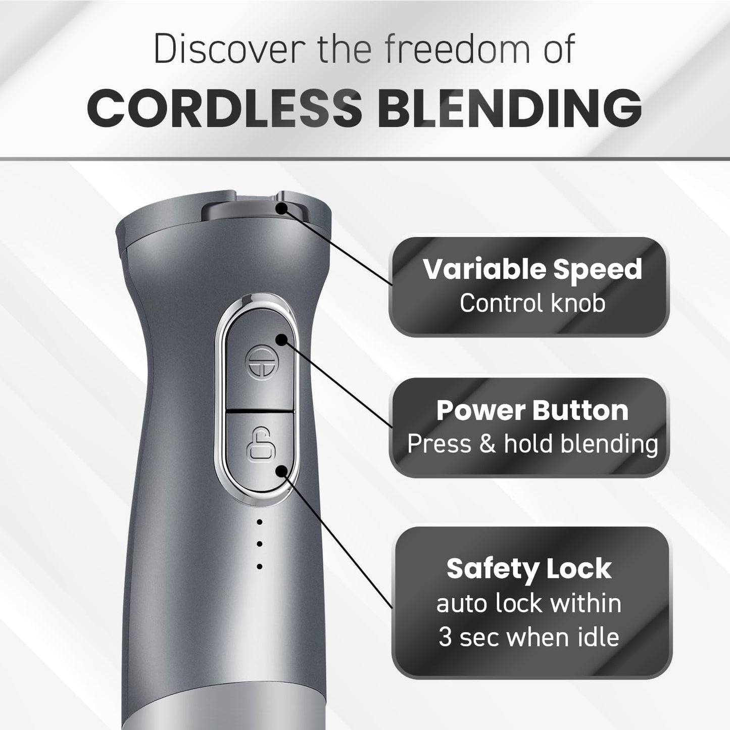 Elite Gourmet EHB1300 Cordless Rechargeable Hand Blender, Stainless Steel Blade, Variable Speed Blending, One-Touch