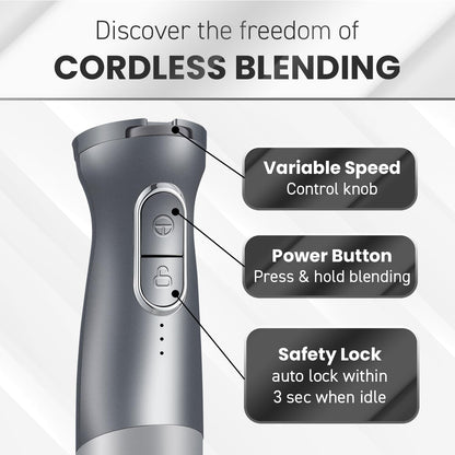 Elite Gourmet EHB1300 Cordless Rechargeable Hand Blender, Stainless Steel Blade, Variable Speed Blending, One-Touch
