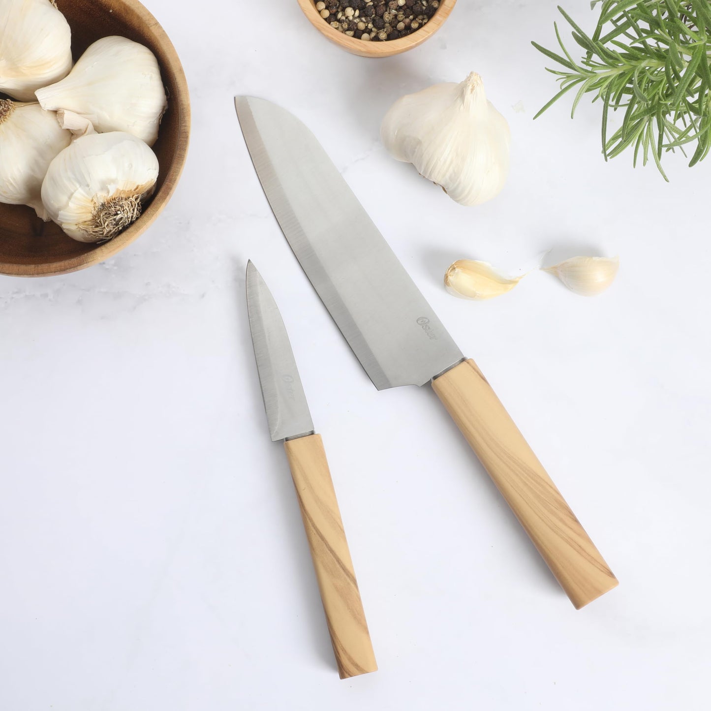 Oster Huntingfield 2 Piece Knife Set - Olive Wood Stainless Steel Chef Knife and Pairing Knife Set