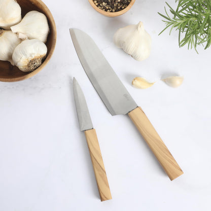 Oster Huntingfield 2 Piece Knife Set - Olive Wood Stainless Steel Chef Knife and Pairing Knife Set