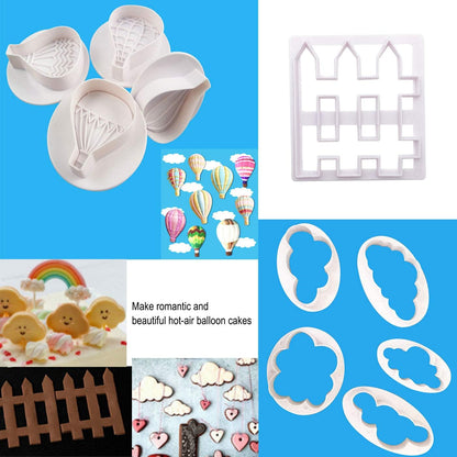 Markeny 10 Pack Cake Fondant Embossing Mold, Balloon Cloud Fence Cookie Cutters for Sugarcraft Baking