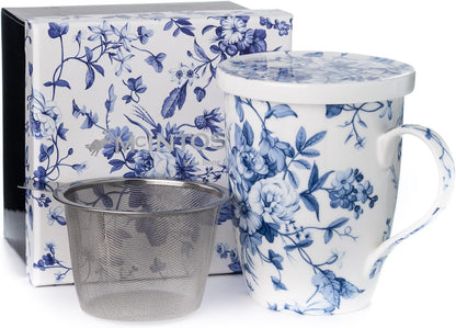 McIntosh Always In Bloom Fine Bone China Tea Mug with Infuser and Lid, 15 oz, in Matching Gift Box