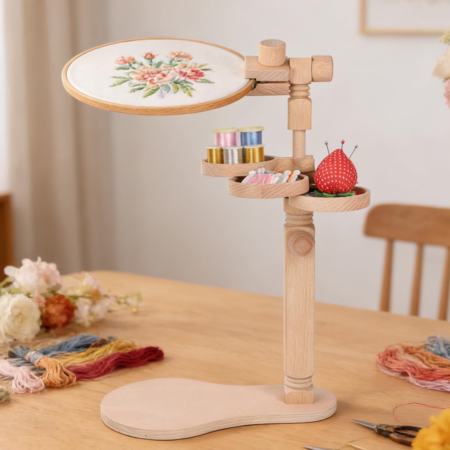 Adjustable Rotating Embroidery Hoop Stand - Beech Wood Holder with Storage Trays, Hands-Free Lap Design for Cross Stitch & Craft Needlework