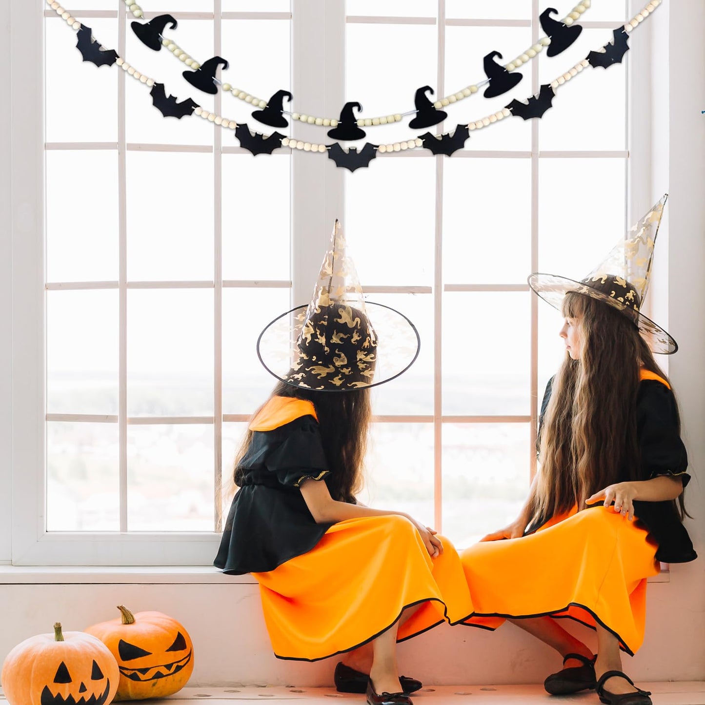 2Pcs Halloween Decoration Garland, Black Bat with Skeleton and Witch Hat Felt Banner White Wood Beads Banner for Halloween Haunted Houses Decor Wall Fireplace Mantle Shelf Rustic Beads, 69"