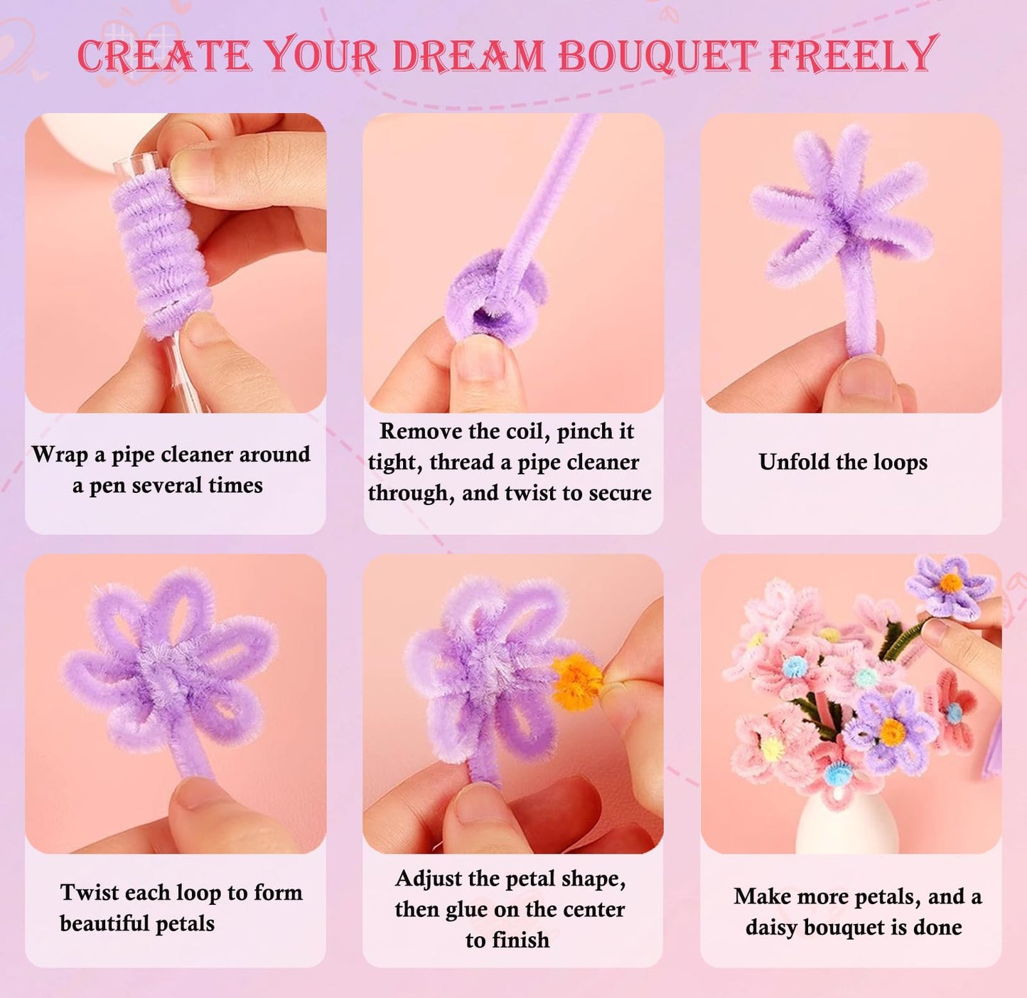 Missicee 800 PCS Pipe Cleaner Flower Kit, DIY Pipe Cleaners Bulk Craft Bouquet Making Kit with 13 Colors Chenille Stems, Floral Wires, Stamen, Ribbon, Instruction, Art and Craft Supplies
