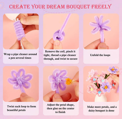Missicee 800 PCS Pipe Cleaner Flower Kit, DIY Pipe Cleaners Bulk Craft Bouquet Making Kit with 13 Colors Chenille Stems, Floral Wires, Stamen, Ribbon, Instruction, Art and Craft Supplies