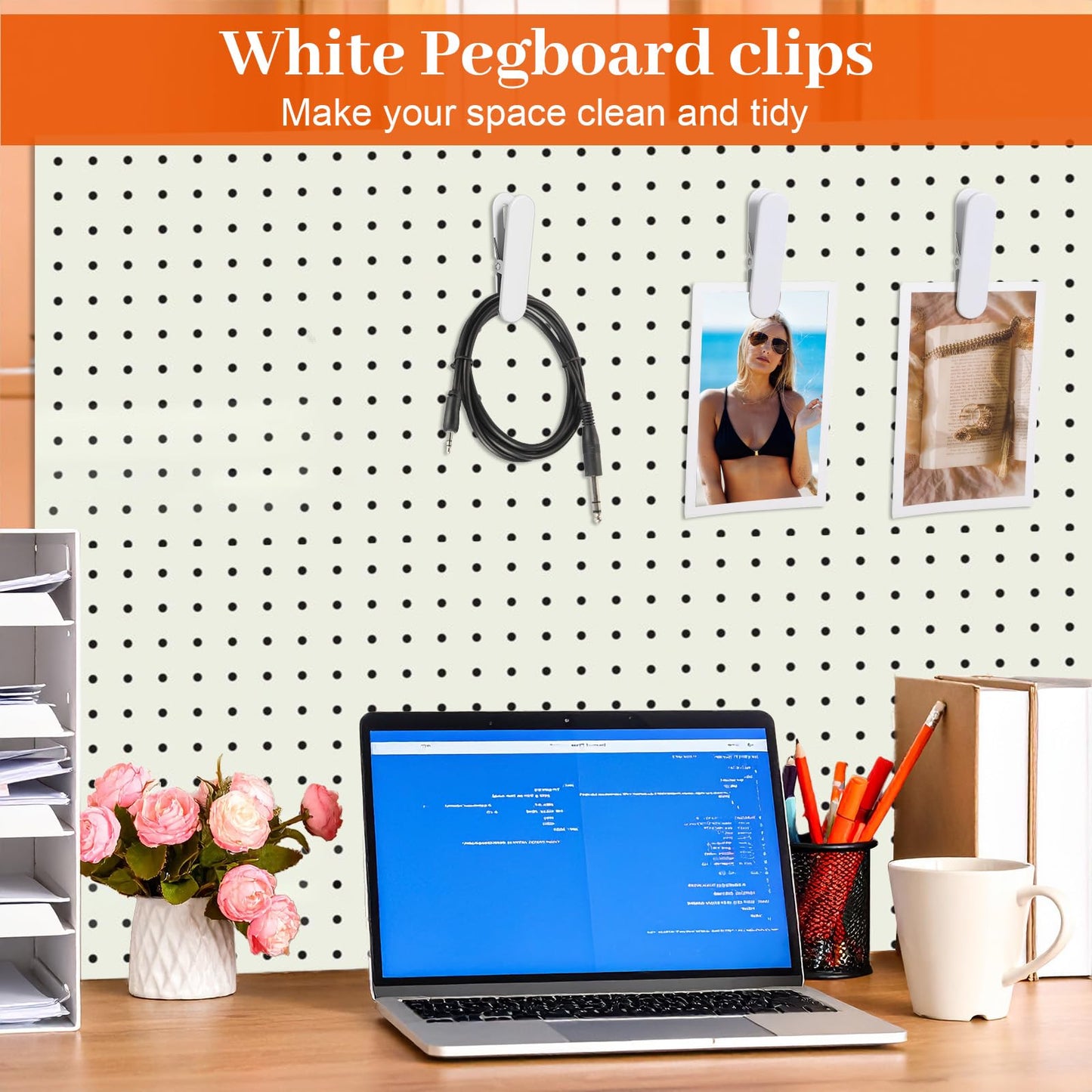 Tolare 12 Pcs White Pegboard Clips, Metal Pegboard Accessories White Hooks for Wall Organizer, Kitchen Bathroom Office Craft Room Storage Display, 3" x 0.78"