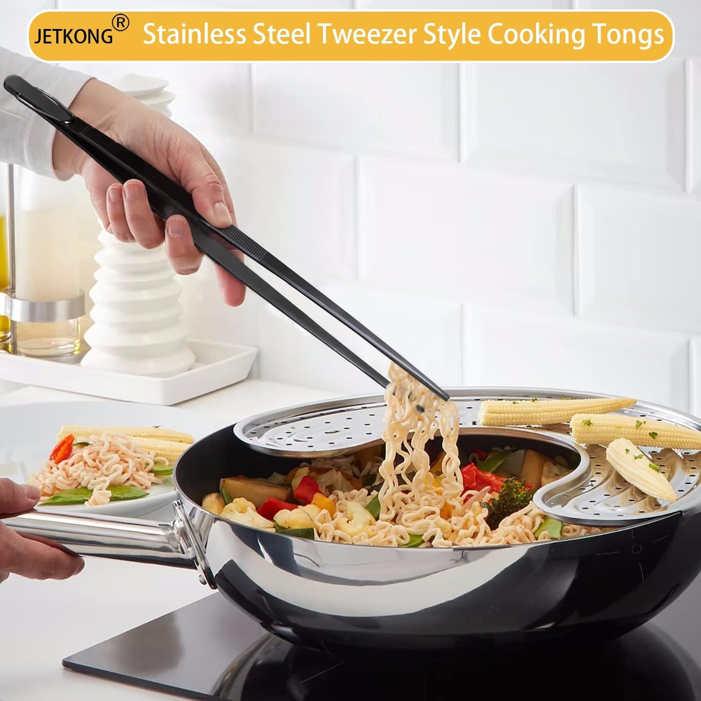JETKONG Extra Long Kitchen Tweezers, Heavy Duty Stainless Steel Cooking Tweezers Set of 3 (9, 12, 14 Inch)