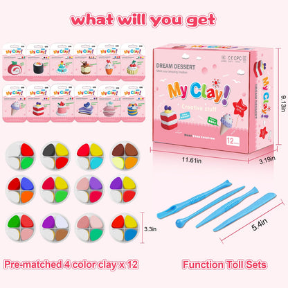 Air Dry Clay Kit, Modeling Clay for Kids, 12 Pack Dessert Theme, Soft & Non-Sticky, Non-Toxic DIY Art & Craft with Sculpting Tools & Tutorials, Birthday Holiday Gifts for Ages 4-12 Boys & Girls