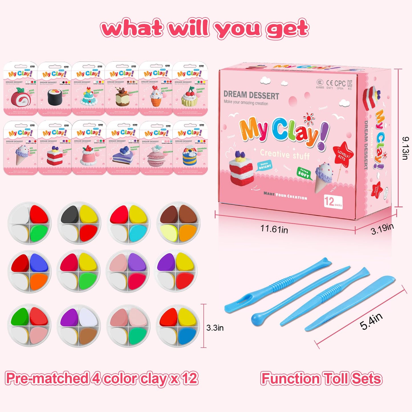 Air Dry Clay Kit, Modeling Clay for Kids, 12 Pack Dessert Theme, Soft & Non-Sticky, Non-Toxic DIY Art & Craft with Sculpting Tools & Tutorials, Birthday Holiday Gifts for Ages 4-12 Boys & Girls