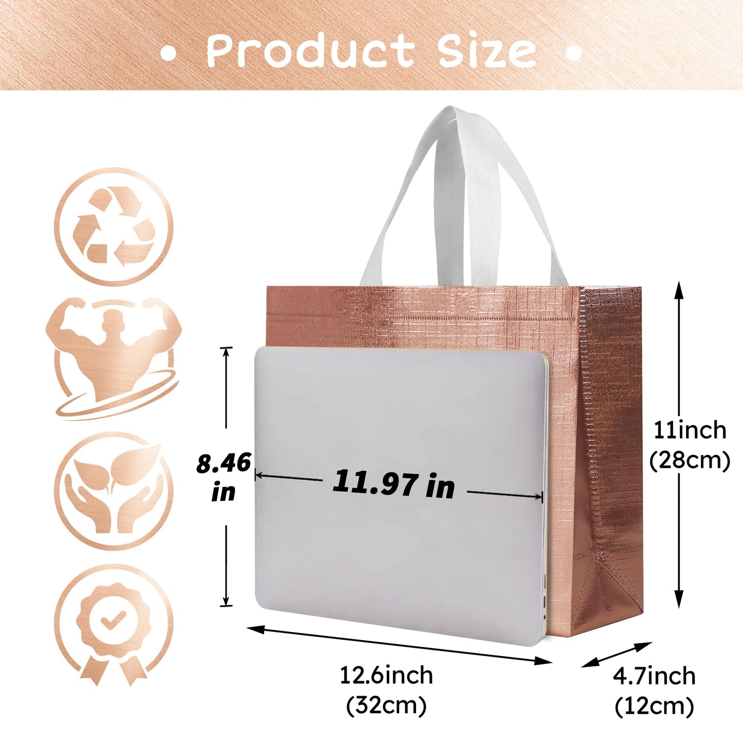 cabzymx 16 Pcs Rose Gold Reusable Gift Bags with Bases, 12.6x4.7x11 In Wedding Welcome Bags Bulk, Non-woven Holiday Party Bag for Birthday, Wedding, Parties, Halloween, Christmas