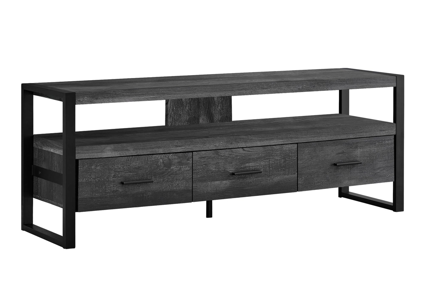 Monarch Specialties TV Stand-Console with 3 Drawers and Shelves-Industrial Modern Style Entertainment Center with Metal Legs, 60" L, Black Reclaimed Wood Look