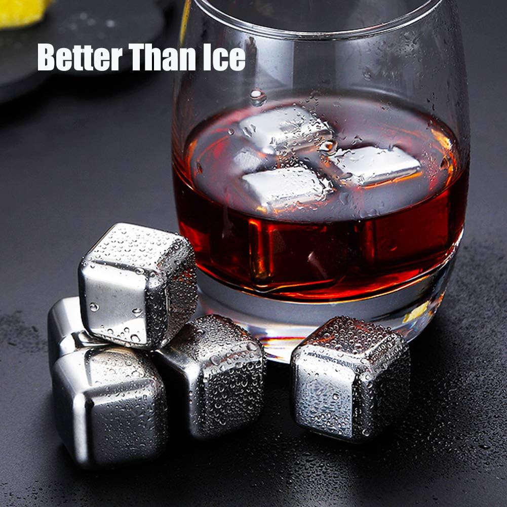 DERGUAM 8 Packs Fast-Cooling 304 Stainless Steel Ice Cubes, Whiskey Stones with Wine Opener, Nonslip Ice Tong & Tray