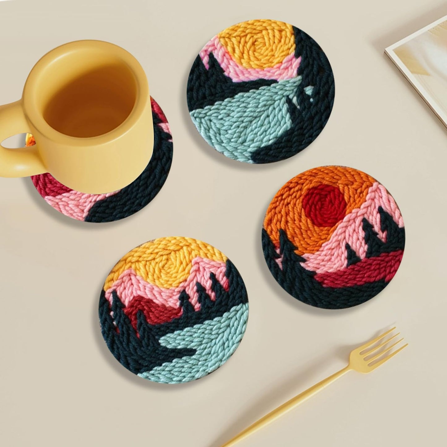 Punch Needle Coasters Kit for Beginners Adults, 6 Pattern Embroidery Scenery Punch Needle Kits, Scenery Punch Decoration DIY Kit with Patterns, Tools, Yarns, Hoop, Instruction Art Craft Supplies