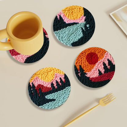 Punch Needle Coasters Kit for Beginners Adults, 6 Pattern Embroidery Scenery Punch Needle Kits, Scenery Punch Decoration DIY Kit with Patterns, Tools, Yarns, Hoop, Instruction Art Craft Supplies