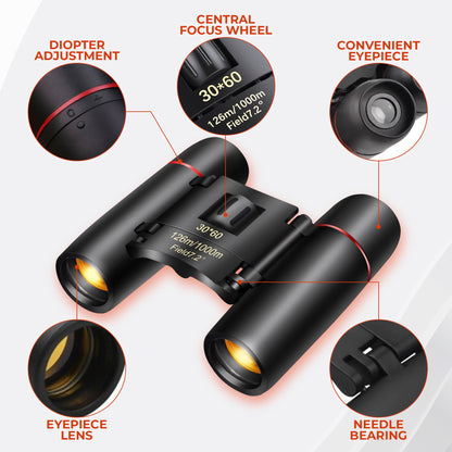 30x60 Travel Binoculars for Bird Watching – Small Binoculars for Adults with 126M/1000M Wide Field of View, 7.2° Angle & Storage Bag – Designed for Hiking, Birdwatching, and Outdoor Adventures