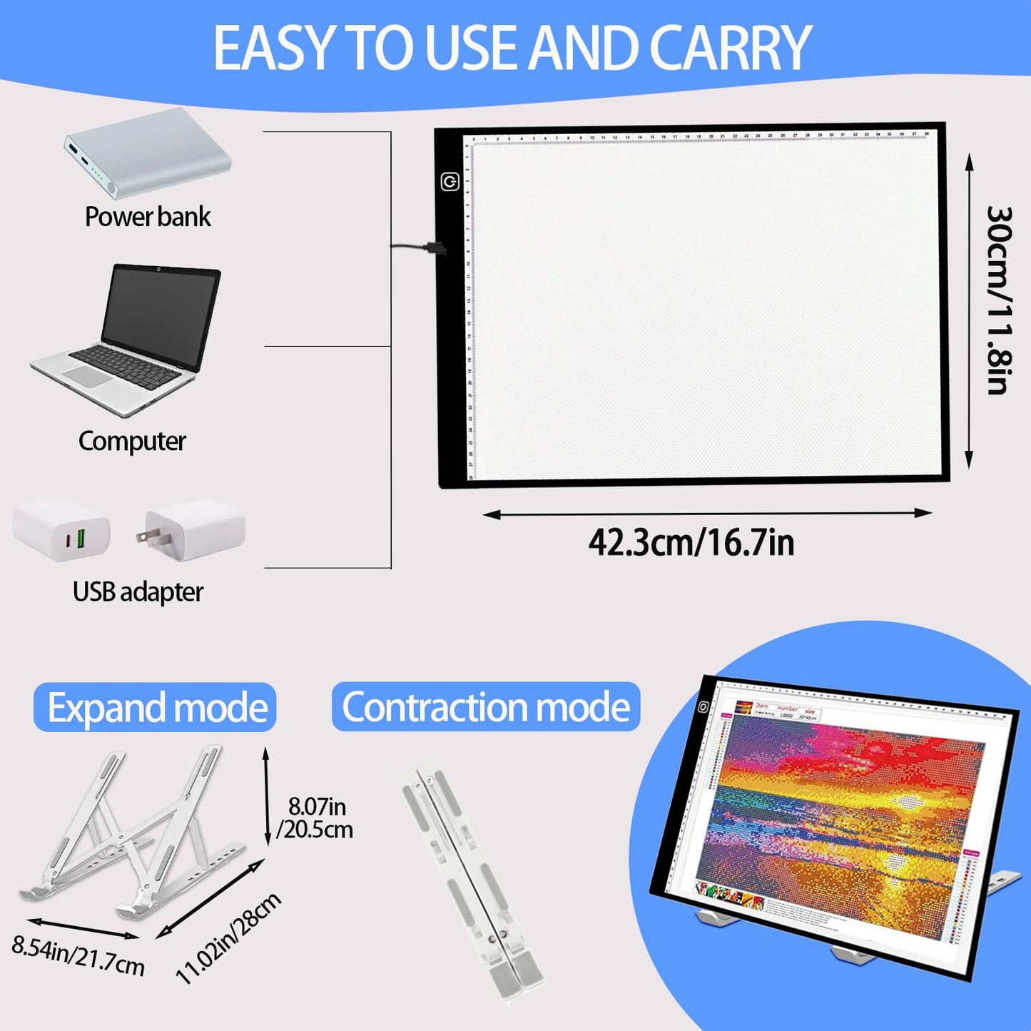 DNSGOOR 244Pcs All Inclusive Diamond Art Accessories Kit Diamond Painting A3 LED Light Pad Set with Diamond Art Sealer Glue Stand Storage Case Pens 5D Painting Tools for DIY Drill Craft