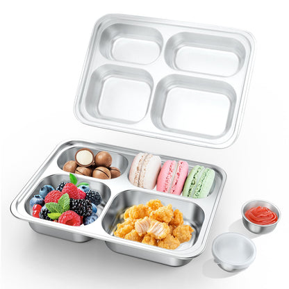 Bakpoco Stainless Steel Divided Plate for Kids Toddler, Non Toxic Portion Control Plate Dinner Plate with Lid for Adults Weight Loss, 2 Pack 4 Sections Rectangular Snack Plate Tray