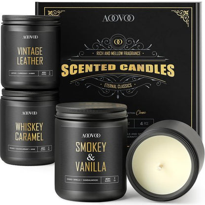 AOOVOO Scented Candles for Men - 4 Pack Candles for Home Scented, 28oz Soy Wax, 200 Hour Burn Time, Men Candle Set, Leather/Smoke & Vanilla/Whiskey Caramel/Lavender Candle Set