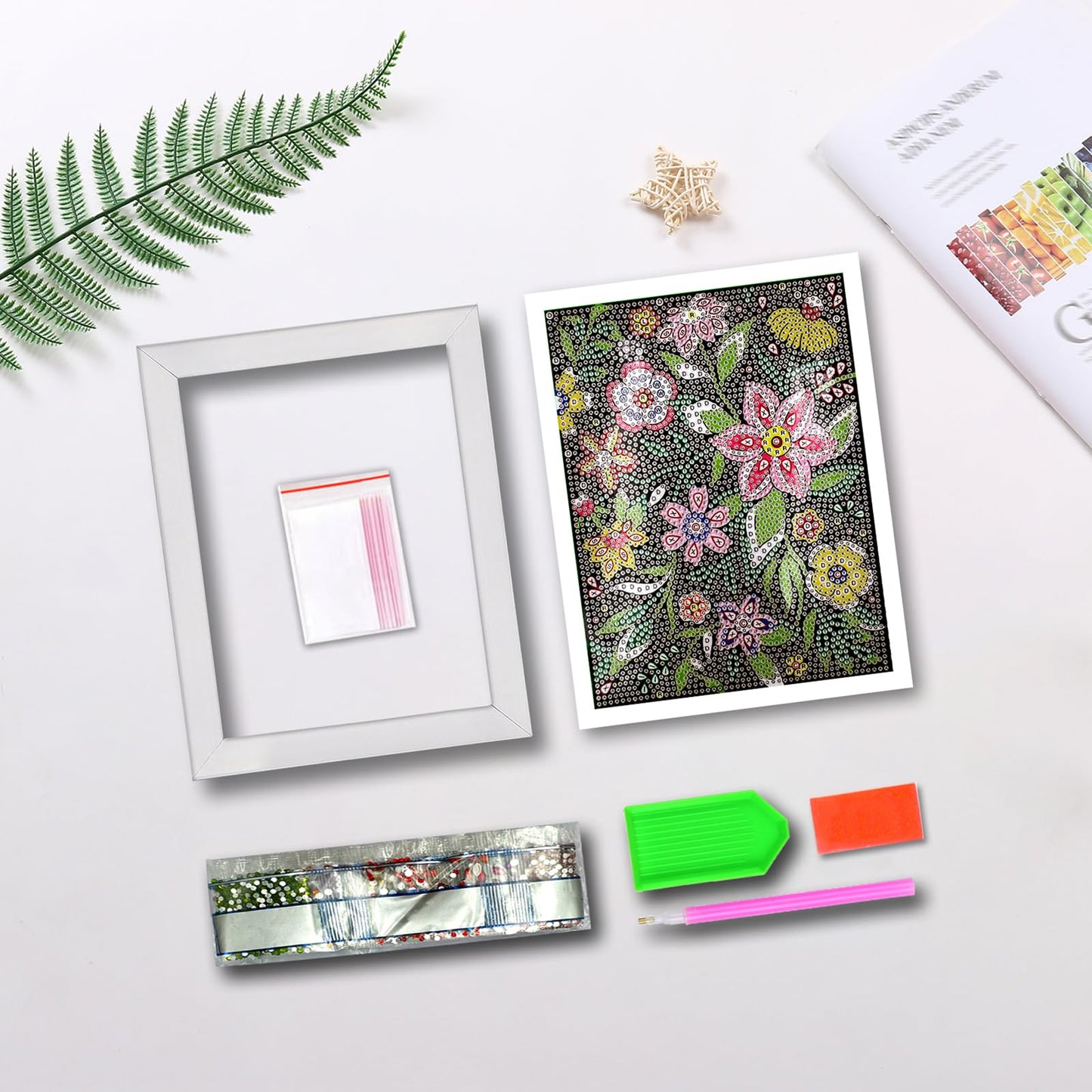 QIOUOL Flower Diamond Art Painting Kits for Kids Adults Beginners with Wooden Frame Girls Art Crafts Rhinestone Gem by Number Kits,Diamond Art Kits for Teens,Birthday Gifts and Office Decor