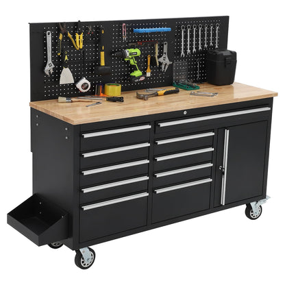 61-inch Rolling Tool Chest, 10 Drawers Garage Workbench Storage Tool Cabinet with Power Strip, Solid Rubber Wood Top, 1675 LBS Load Mobile Workstation, Heavy Duty Rolling Cabinet