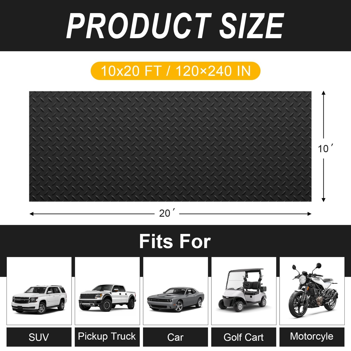 Grandroad auto 10x20 FT Garage Floor Mat, 2.8mm Thickened Flooring Roll for Under Car Diamond Plate PVC Rubber Mat with 20 Pcs Tapes, Non-Slip Floor Mat for Garage, Warehouse, Gyms, Trailer, Black
