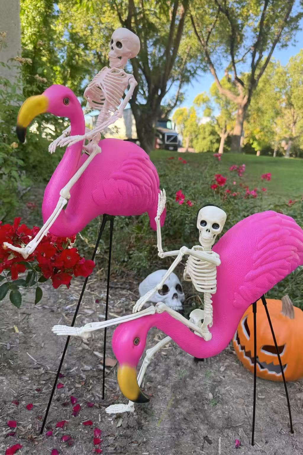 GiftExpress 2-Pack Posable 16" Skeletons + 2-Pack 26" Pink Flamingo Lawn Ornaments Halloween Outdoor Yard Decorations, Spooky Halloween Graveyard