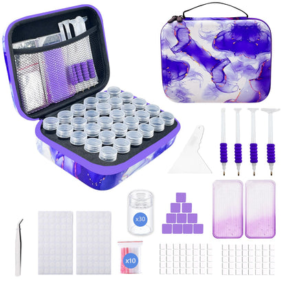 SuSentak Diamond Art Storage Containers with Dot Drill Tools,30 Slots Bead Organizer Case for 5D DIY Art Kits, Portable Craft Box for Diamond Painting Accessories (Purple)