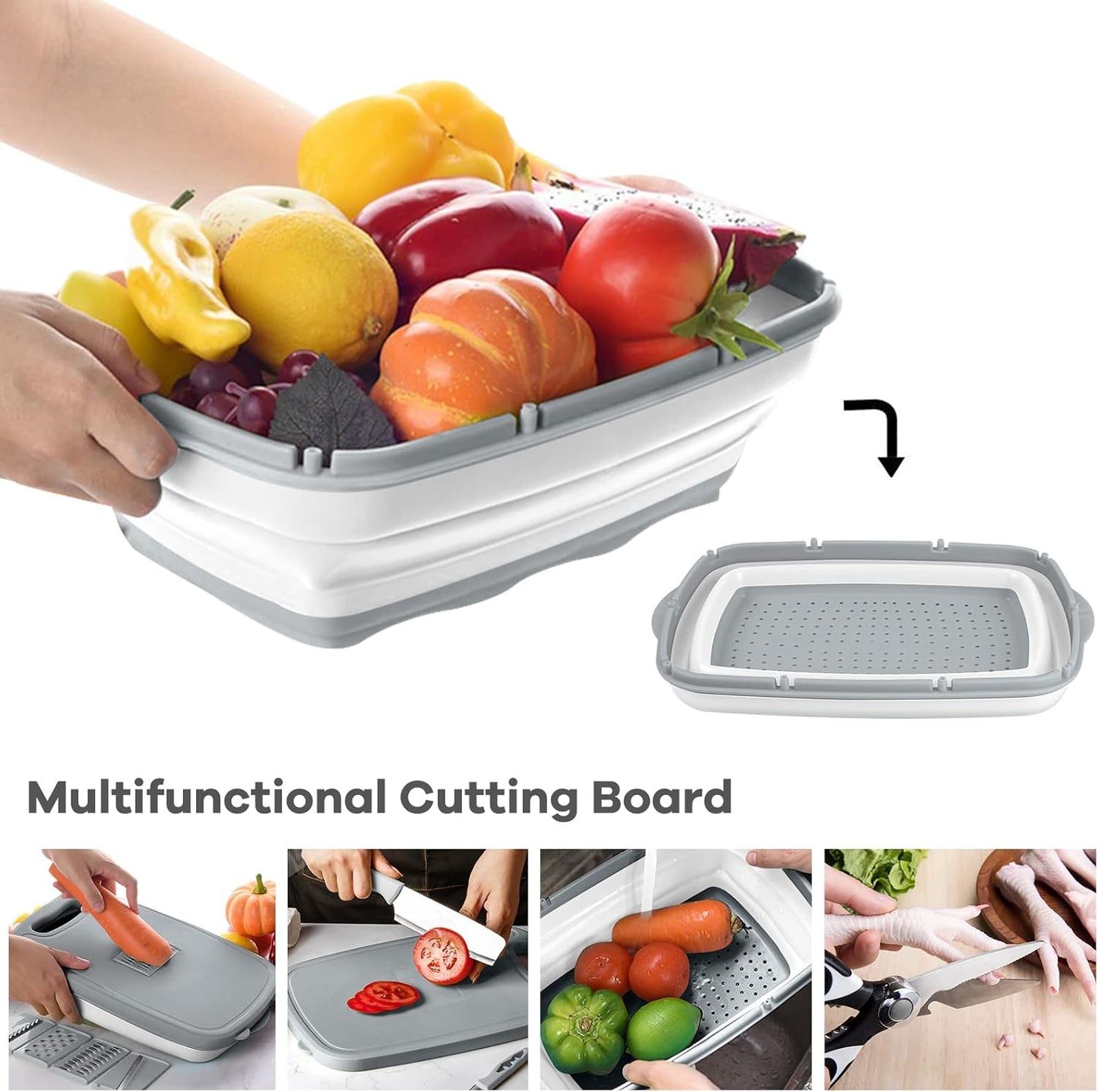 HI NINGER Collapsible Cutting Board with Colander, 9-In-1 Multi Chopping Board for Kitchen and Camping Accessories