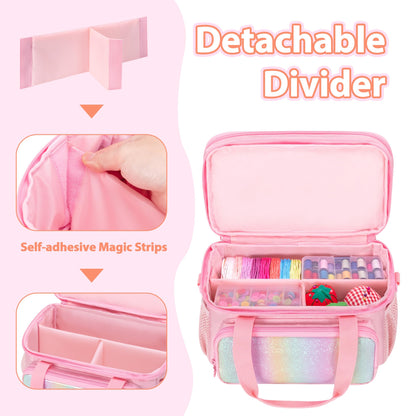 GRAOSO Double Layer Sewing Organizer for Crafts Sewing Supplies, Crafts Accessories Bag, Portable Sewing Box with Handle and Detachable Shoulder Strap, Rainbow Sequins Design, Pink (Case Only)