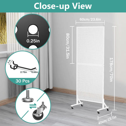 CursorTech Pegboard Display Stand with 32 Hooks 24" X70” Metal Pegboard on Wheels and T-Base Heavy Duty Standing Rack Organizer Panels Units for Ornament Retail & Vendors Craft Show Store Display