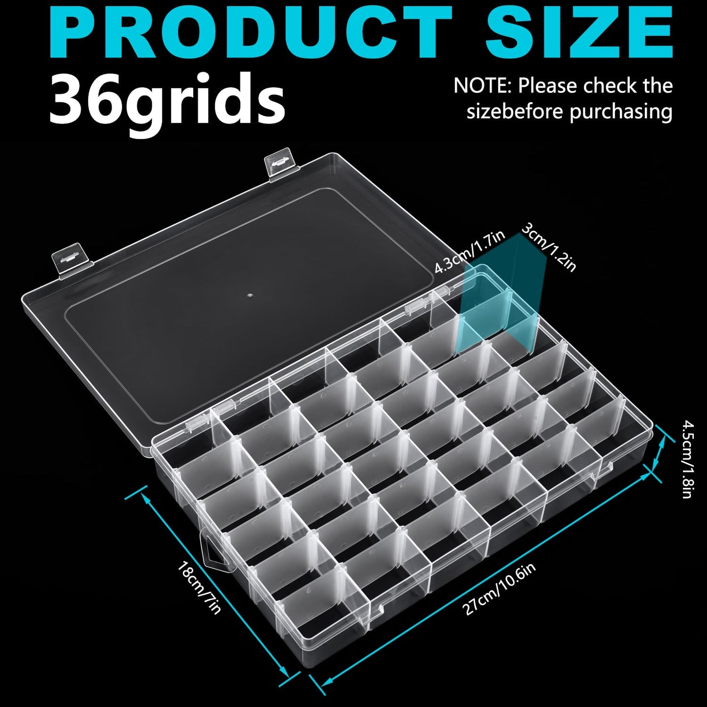 VZTOLKUR 2 Pack Clear Plastic Organizer Box with 36 Grids and Adjustable Dividers for Beads, Crafts, Art DIY, Jewelry, Screws, Pins, Thread, Fishing Gear, Small Items