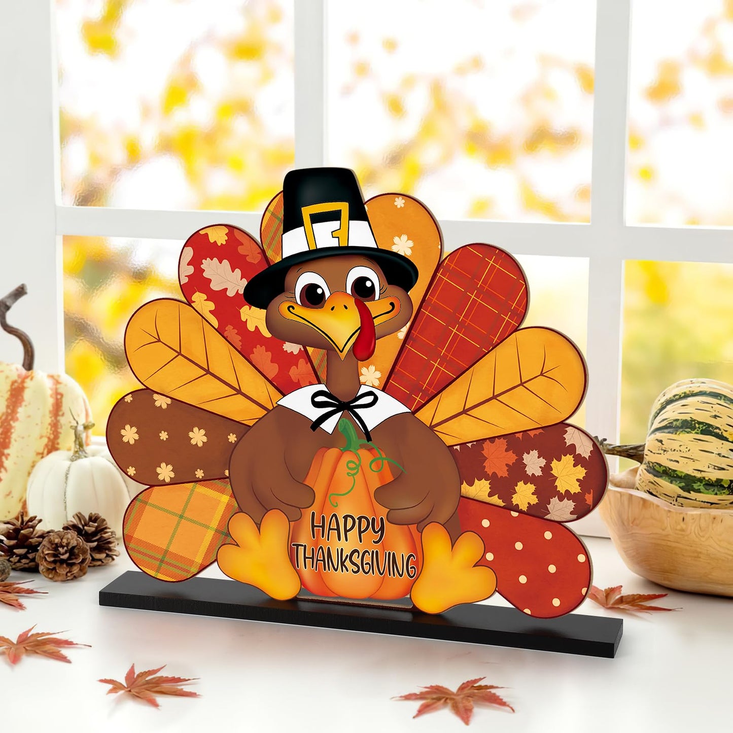 Thanksgiving Decorations Wooden Turkey Table Sign Fall Pumpkin Autumn Table Centerpieces Standing Tabletop Happy Thanksgiving for Holiday Harvest Home Room shelf Farmhouse Decorations Thanks Gives
