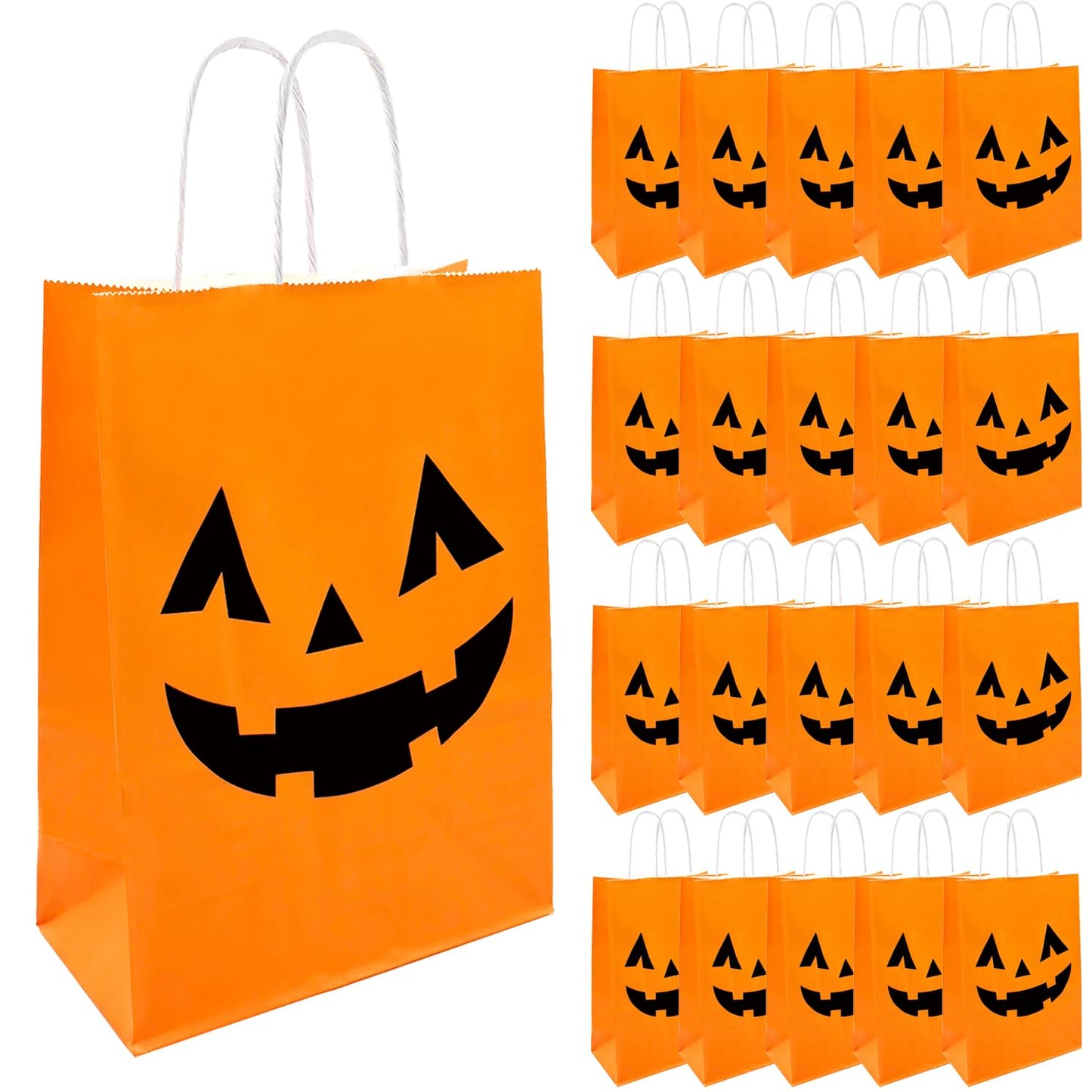 100 Pieces Halloween Pumpkin Gift Bags Trick or Treat Kraft Paper Candy Goodie Bags with Handle for Halloween Party Favors Supplies