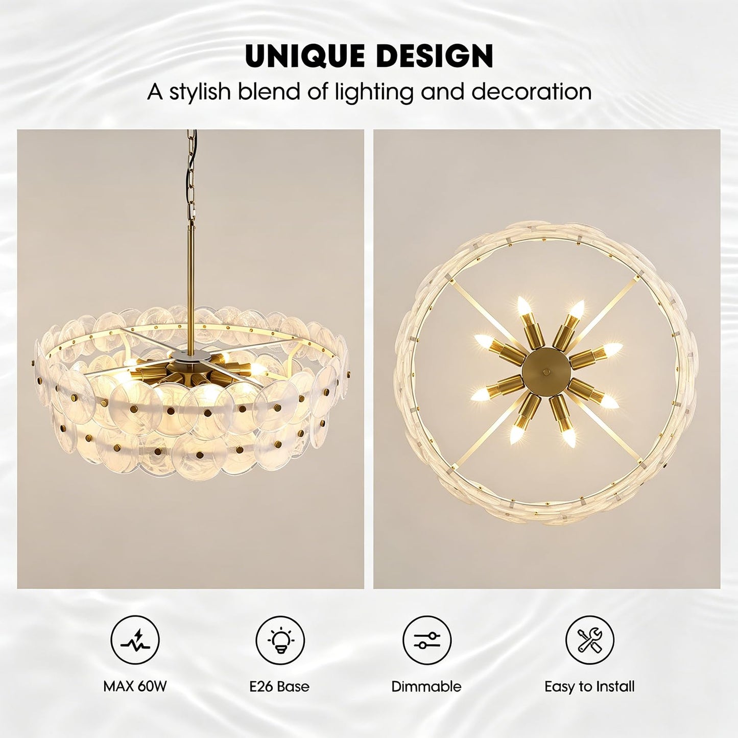 APBEAMLighting 30.3'' Cloud Glass Chandelier Modern, Gold Chandeliers Elegant, Dimmable 8-Light Pendant Ceiling Light Fixture for Girls Room Bedroom Dining Living Room Foyer Kitchen Entryway