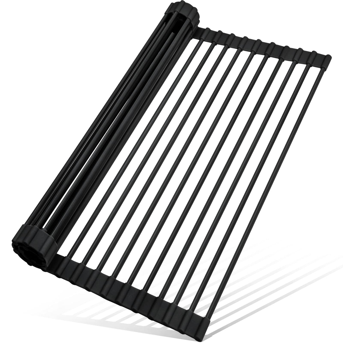 MERRYBOX Roll Up Dish Drying Rack Silicone Wrapped Over The Sink Dish Drying Rack Multipurpose Foldable Sink Drying Mat Anti-Slip & Anti-Rust Dish Rack for Kitchen, 17.5" x 13", Black