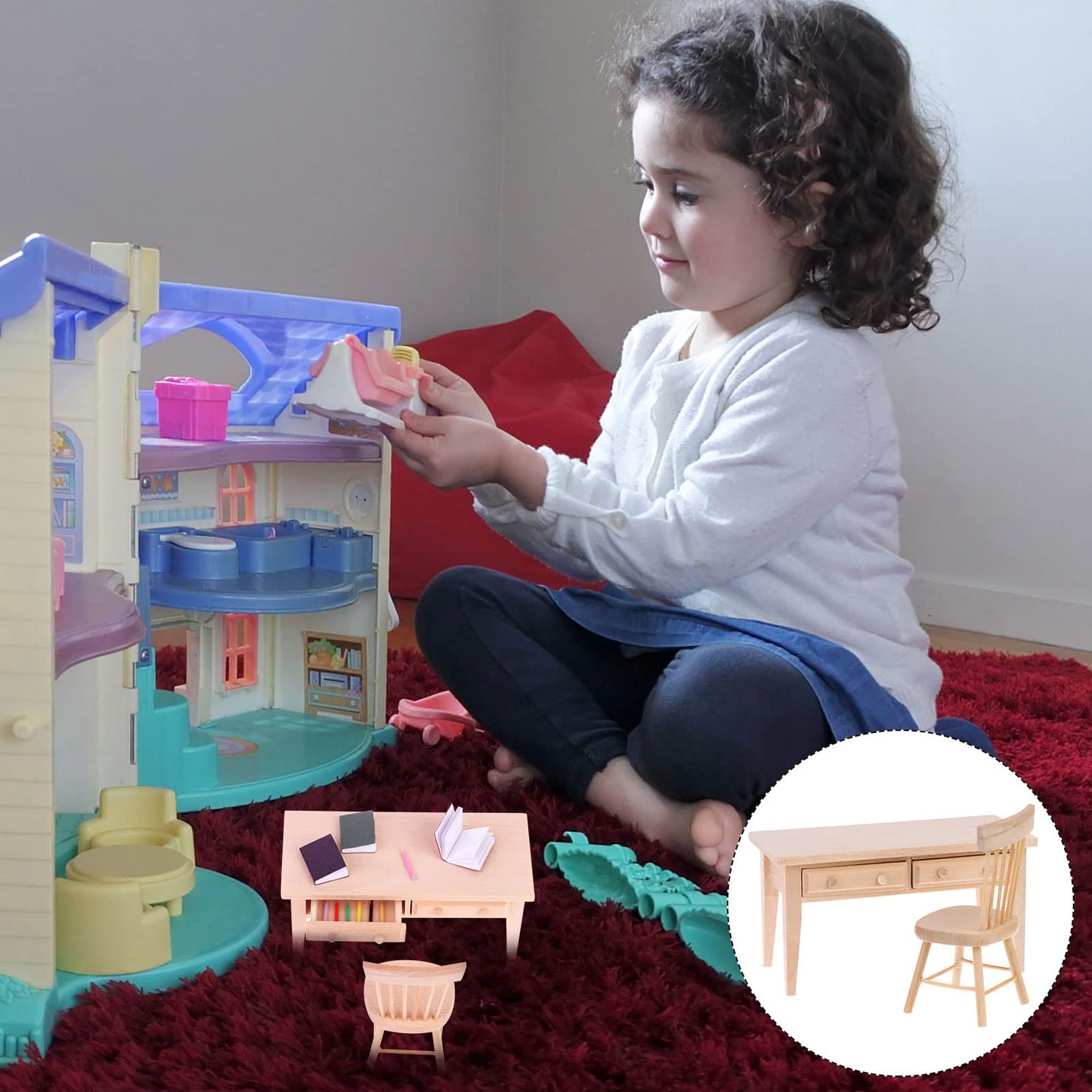 Haomian 1/12 Scale Miniature Wooden Dollhouse Furniture Set Desk and Chair Rustic Light Brown Dollhouse Furniture with Openable Drawers for Kids Role Play DIY Decor Photography Props