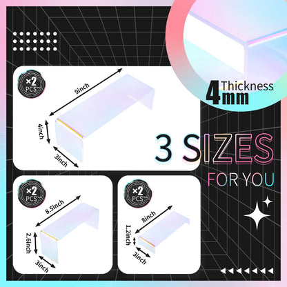 6pcs Iridescent Acrylic Display Risers, Rainbow Display Stand Set for Collectible Figures Jewelry Perfume Organizer, 3 Sizes Rectangular Stands for Candy Dessert Cupcake, Vendor Booth Retail Showcase