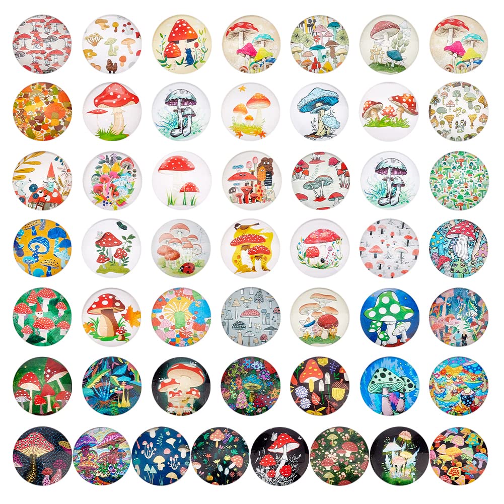 PH PandaHall 25mm Mushroom Glass Cabochons 50 Styles Half Round Tiles Glass Cabochons Dome Gems for Photo Cameo Pendant Jewelry Making Handcrafts Scrapbooking