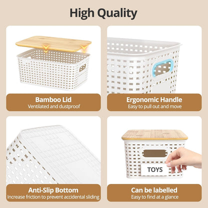 Plastic Storage Baskets - Stackable Organizing Bins with Bamboo Lids | 6 Pack, 10.2x7.2x4.1 Inch, White