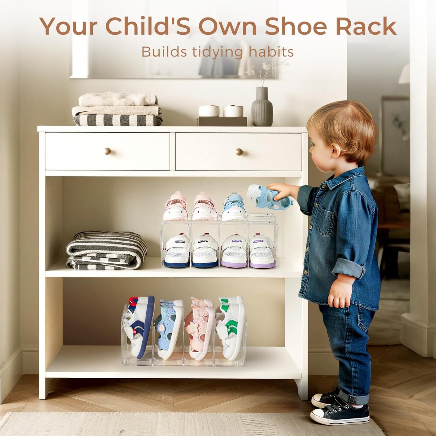 4 Pack Closet 4 Clear Acrylic Kids Shoe Rack for Organizers and Storaget, Baby Shoe Storage Small Shoe Rack Sections
