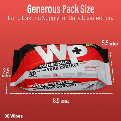 WIPESPLUS No-Rinse Food Contact Wipes, Multi-Surface Wipe, Unscented for Home and Business, 960 Count, (12 Packs of 80)
