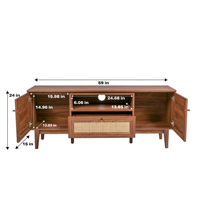 JONATHAN Y Finley 59" Mid-Century Walnut Rattan TV Stand for TVs up to 65 Inch, Wood Media Console with Woven Cane Soft-Close Doors and Drawer, Bohemian Entertainment Center for Living Room TVS1002B