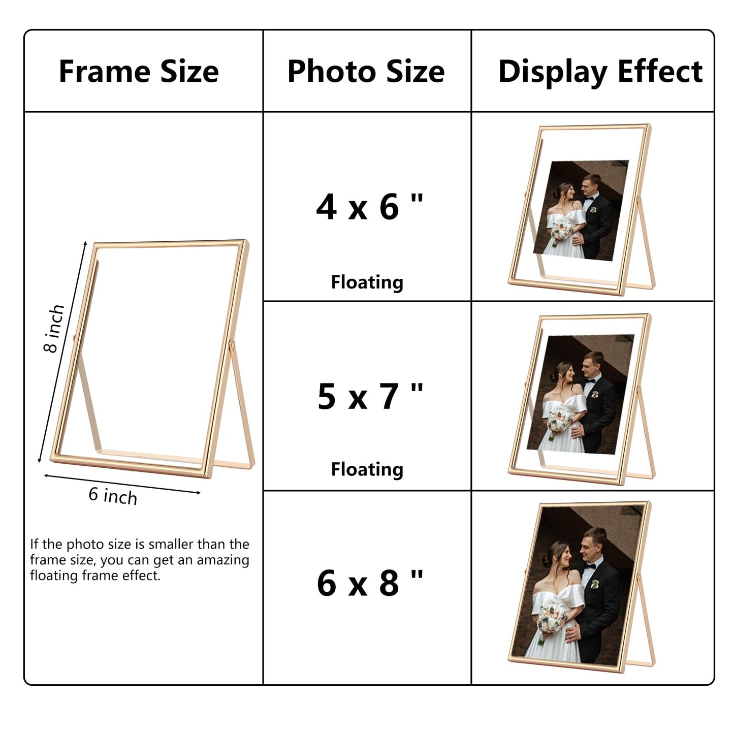 GorYeeFine Gold 6x8 Floating Photo Frame for(4x6'‘&5x7’'),Adjustable Tabletop/Shelf Picture Frames,4x6'' Premium Gift Floating Frame for Wedding,Thanksgiving,Christmas,Birthday,Home or Office Decor