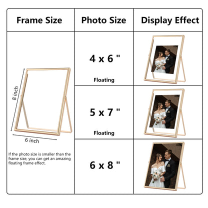 GorYeeFine Gold 6x8 Floating Photo Frame for(4x6'‘&5x7’'),Adjustable Tabletop/Shelf Picture Frames,4x6'' Premium Gift Floating Frame for Wedding,Thanksgiving,Christmas,Birthday,Home or Office Decor