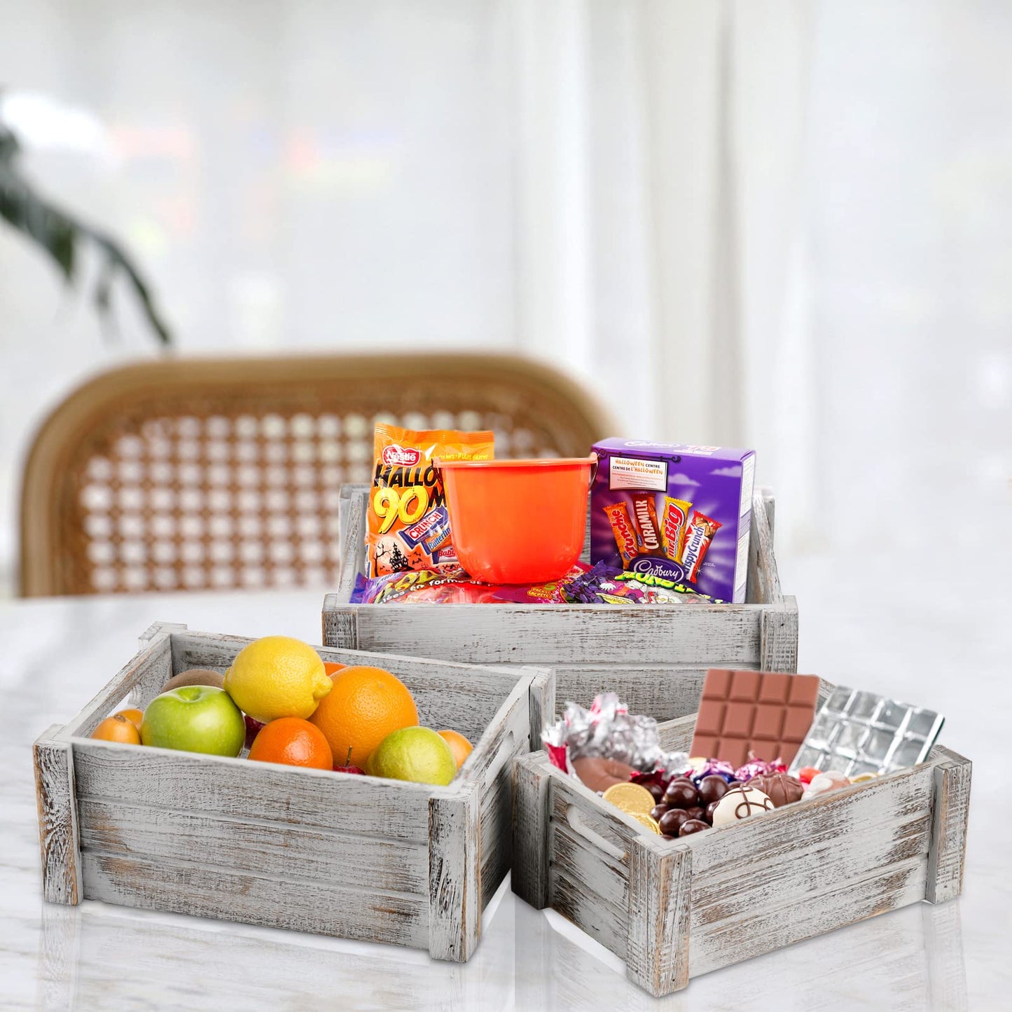 Hacaroa 3 Pack Wood Crates with Handles, Rustic Nesting Storage Container Box Decorative Wooden Basket Bins for Fruit, Vegetable, Home, Laundry, Farmhouse, 3 Sizes