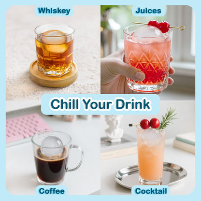 1.8in Large Ice Cube Molds - Big Round Whiskey Ice Trays for Freezer with Bucket, Scoop, Tongs, 2 Straws - Easy to Fill & Release, Bourbon Cocktail (3 pack, 8 Balls)