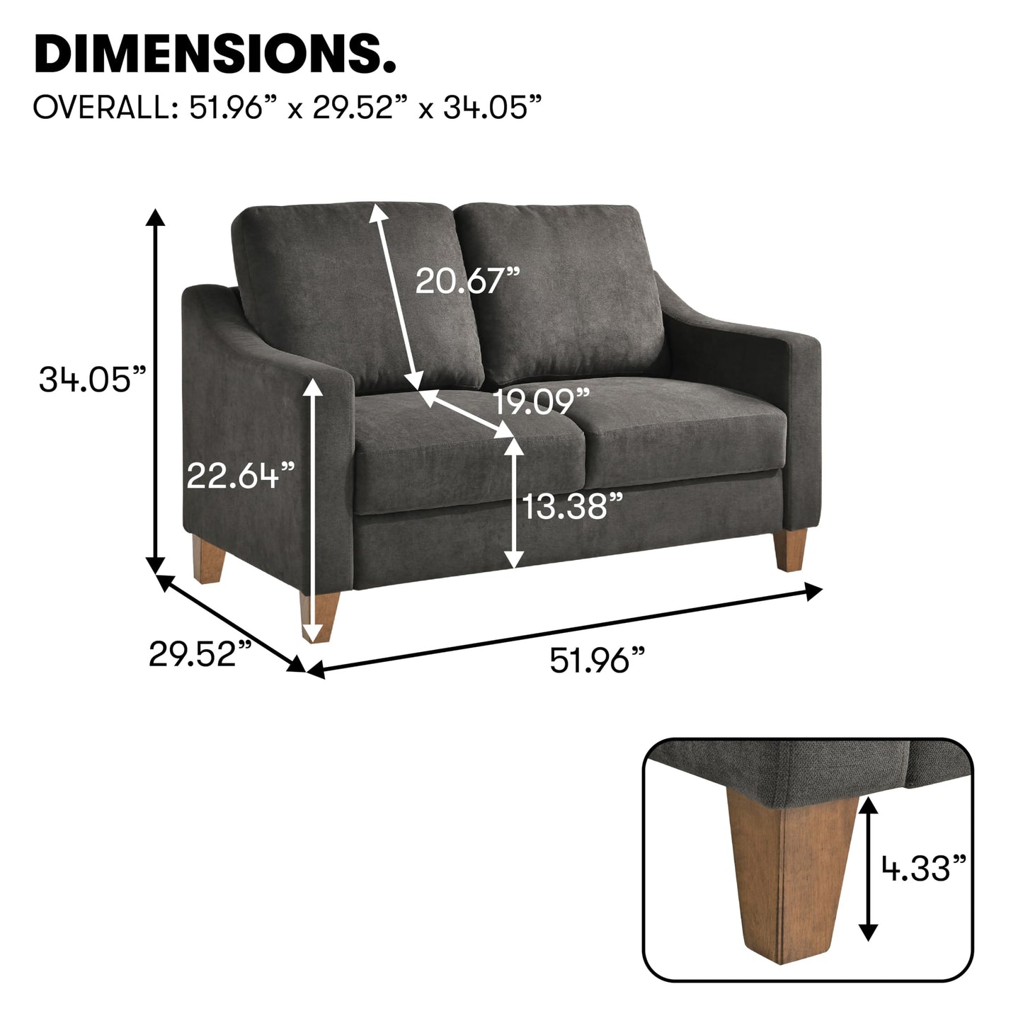 Serta® Armstrong 52" Soft Modern Sofa, Sloped Track Arms, Solid Wood Legs, Easy Assembly, Dream Coil® Comfort, Soft Woven Polyester Fabric, Gray