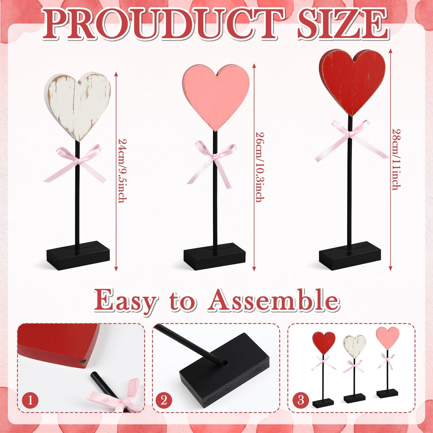 Yerliker 3 Pcs Valentine's Day Wooden Hearts Shape Sign, Valentines Day Farmhouse Table Decor, Rustic Pink Heart Shaped Standing Block, Love Signs for Centerpieces Wedding Party Favor Supplies